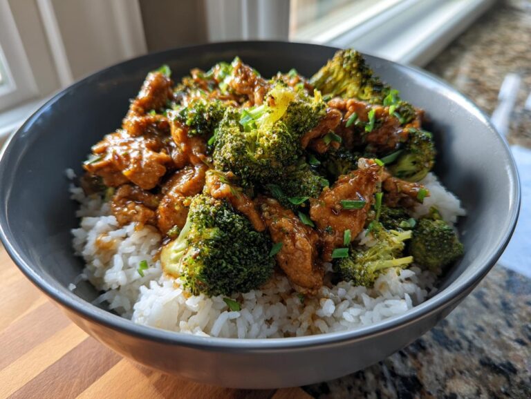 A close-up of delicious ground chicken broccoli bowls served over white rice, garnished with chives.