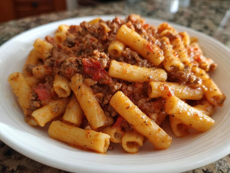 A close-up of a white bowl filled with high protein creamy beef pasta, featuring rigatoni noodles and a rich meat sauce.