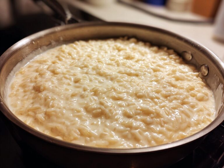 Close-up of creamy homemade alfredo sauce with rice-like pasta in a stainless steel pan.