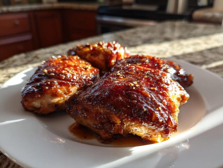 Close-up of three sticky honey garlic chicken thighs glistening with sauce on a white plate.