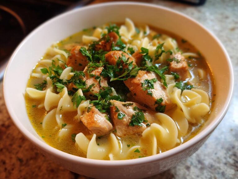 A comforting bowl of Italian penicillin soup featuring tender chicken pieces, egg noodles, and fresh parsley.