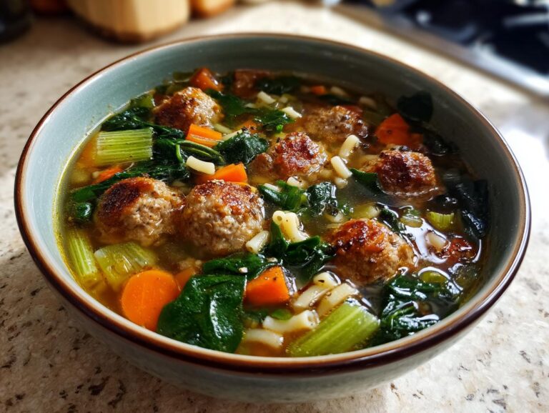 A close-up shot of a steaming bowl of Italian Wedding Soup, featuring tender meatballs, pasta, spinach, carrots, and celery in a flavorful broth.
