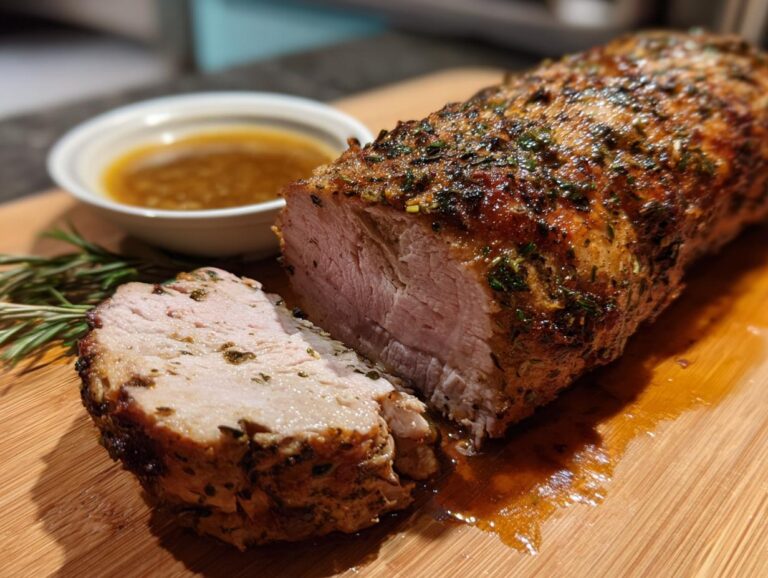 A perfectly cooked pork loin roast, sliced to reveal a juicy pink center, seasoned with herbs and served with a side of sauce.