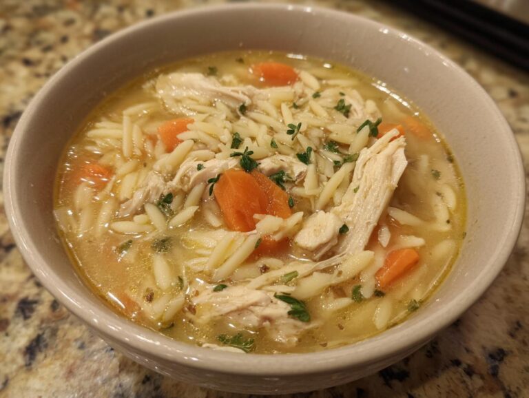 A close-up of a bowl of comforting lemon chicken orzo soup with shredded chicken, orzo pasta, and carrots, garnished with parsley.