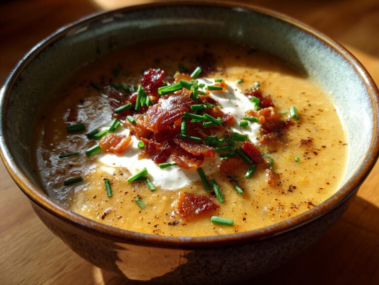 A close-up of a bowl of loaded baked potato soup topped with sour cream, crispy bacon, and fresh chives.