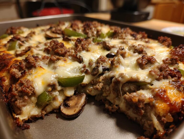 A close-up of a slice of Low Carb Philly Cheesesteak Casserole, showing melted cheese, ground beef, green peppers, and mushrooms.