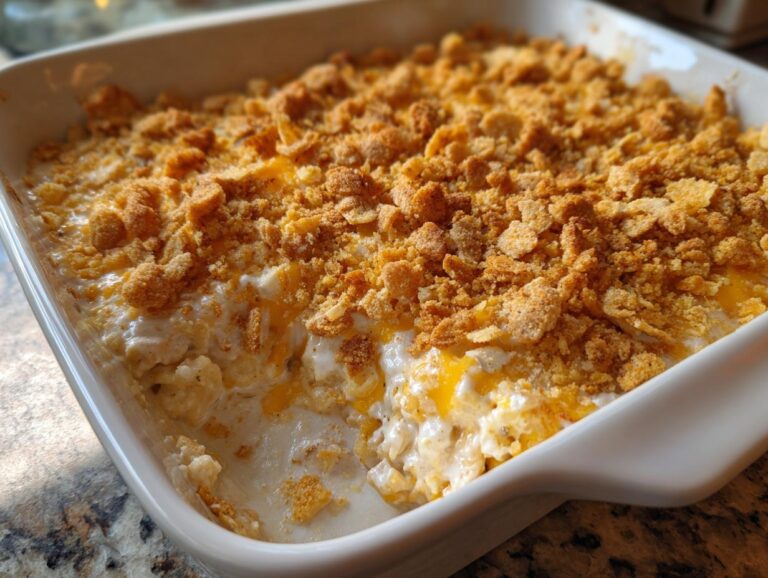 A close-up of Mamaw's Chicken and Rice Casserole, featuring a creamy interior with melted cheese and a golden, crunchy topping.