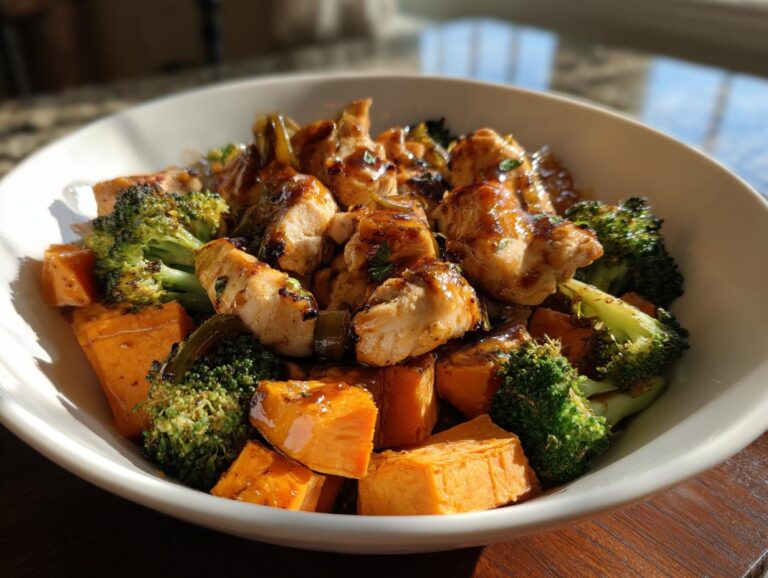 A close-up of a Maple Dijon Chicken and Sweet Potato Bowl featuring tender chicken pieces, roasted sweet potatoes, and broccoli florets.