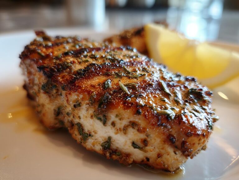 Close-up of a juicy Mediterranean herb crusted grilled chicken breast with grill marks and a lemon wedge.