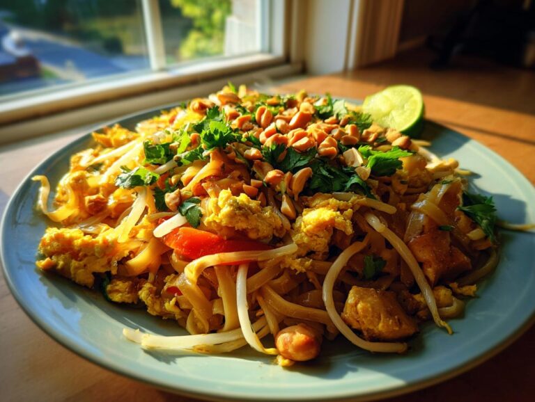 A plate of flavorful Pad Thai noodles, topped with chopped peanuts, fresh cilantro, bean sprouts, and a lime wedge.