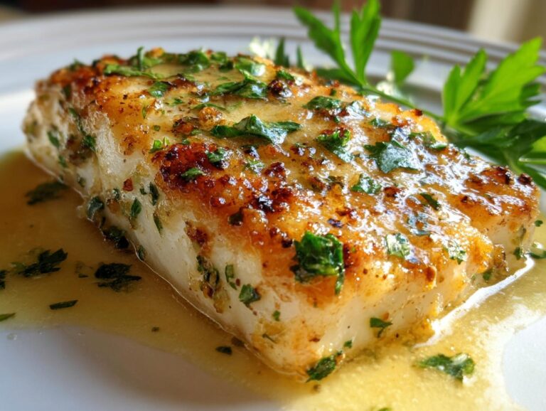 A close-up of a perfectly pan seared halibut fillet, glistening with butter sauce and fresh parsley.