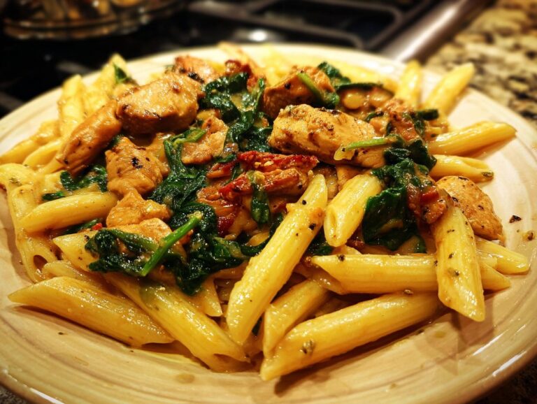 A close-up of pasta with chorizo and chicken, featuring penne pasta, tender chicken pieces, spinach, and sun-dried tomatoes in a creamy sauce.