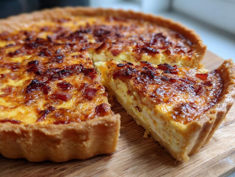 A slice of golden-brown Quiche Lorraine with crispy bacon on a wooden board.