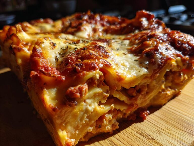 A close-up shot of a slice of ravioli lasagna bake, showing layers of pasta, meat sauce, and cheese.