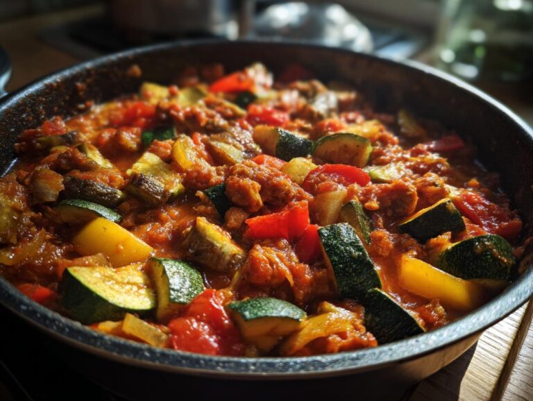 Close-up of a rustic ratatouille dish in a black skillet, featuring zucchini, tomatoes, and peppers.