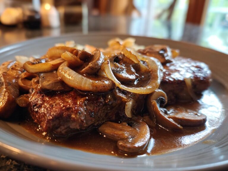 Close-up of a plate of Salisbury steak topped with sautéed mushrooms and onions in a rich gravy.