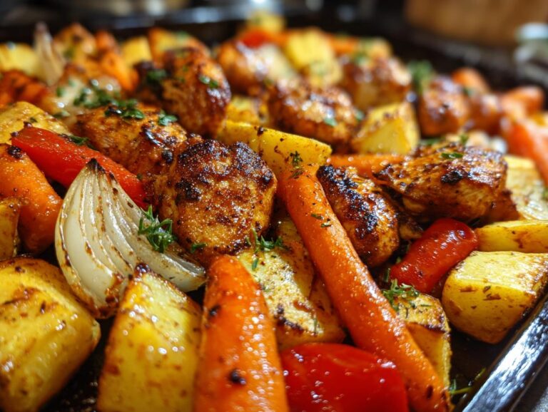 Close-up of a sheet pan chicken and veggies dish, featuring golden-brown chicken pieces, roasted potatoes, carrots, and onions.