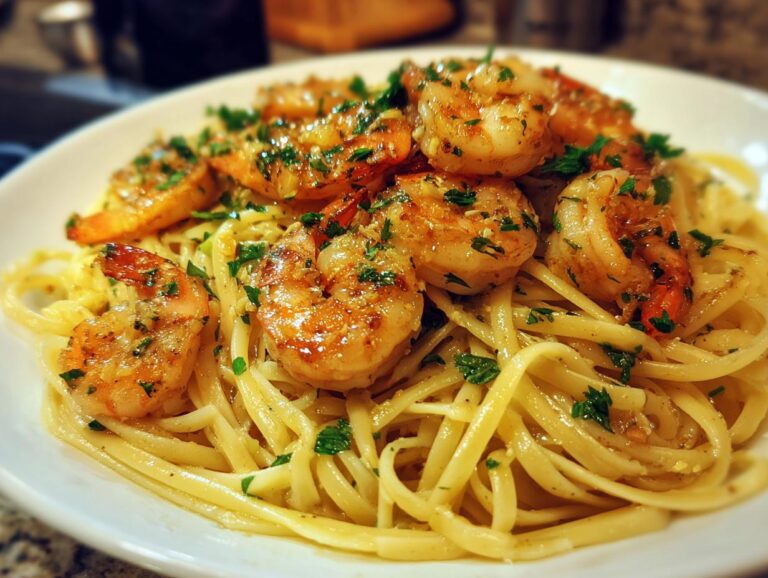 A close-up of succulent shrimp scampi served over a bed of linguine pasta, garnished with fresh parsley.