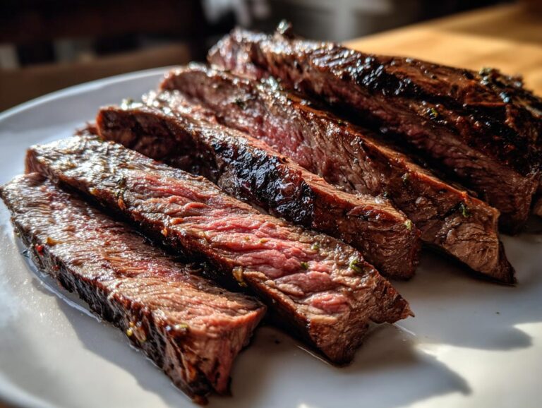 Close-up of perfectly grilled and sliced skirt steak, showcasing its juicy texture and marinade.