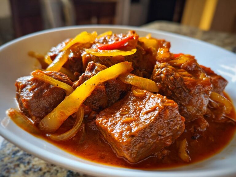 Close-up of tender Smothered Swiss Steak pieces in a rich, savory gravy with sliced yellow and red bell peppers and onions.