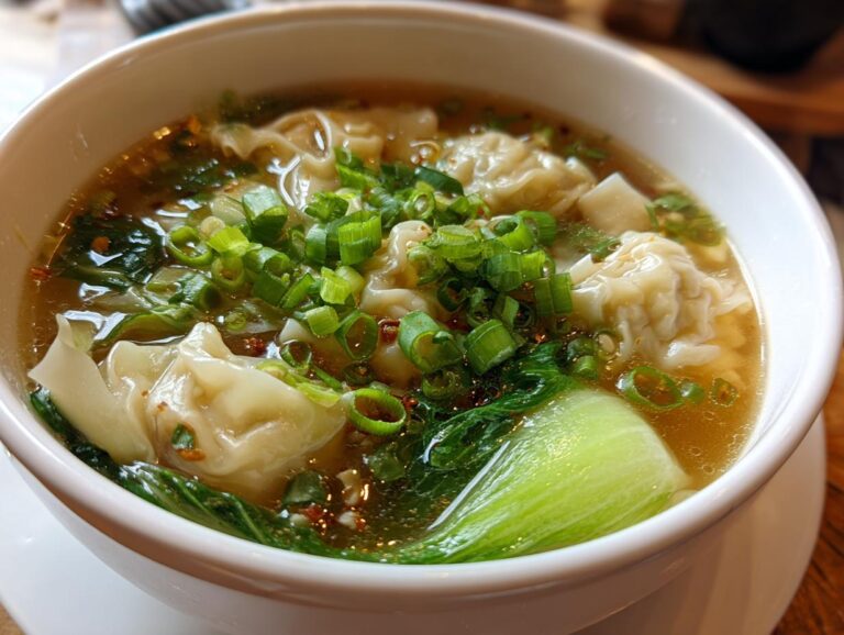 A close-up of a steaming bowl of wonton soup, filled with plump wontons, bok choy, and garnished with chopped green onions.