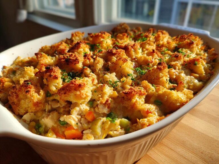 A golden brown Stove Top Stuffing Chicken Casserole in a white baking dish, topped with herbs.