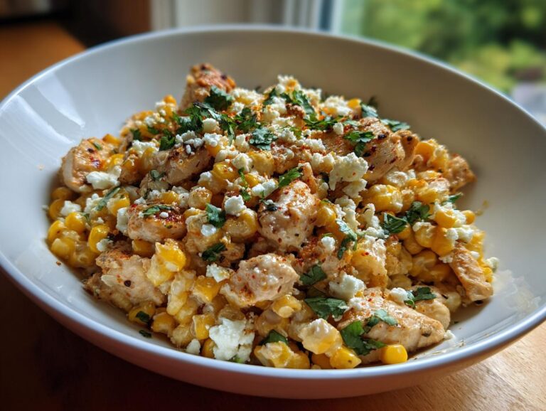 Close-up of a street corn chicken rice bowl with grilled chicken, corn, crumbled cheese, and cilantro.
