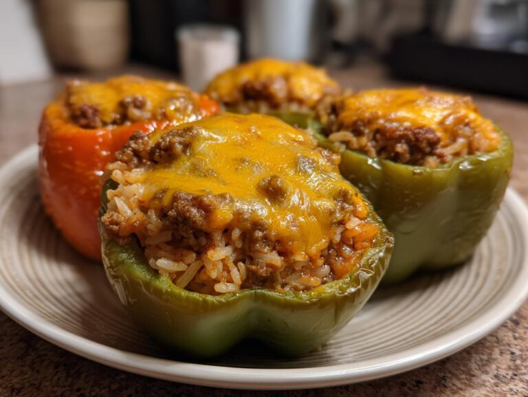 Close-up of four delicious stuffed bell peppers topped with melted golden cheese.