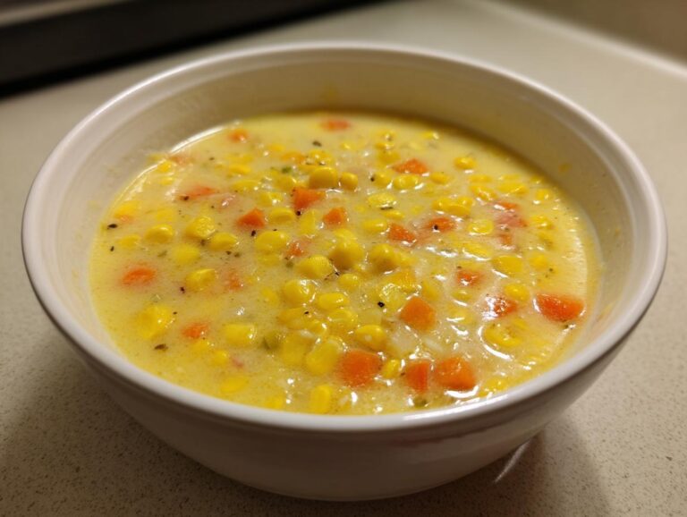 A close-up of a white bowl filled with creamy sweet corn chowder, featuring corn kernels and diced carrots.