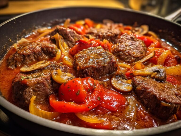 Close-up of tender Swiss steak pieces simmering in a rich tomato-based sauce with bell peppers, onions, and mushrooms.