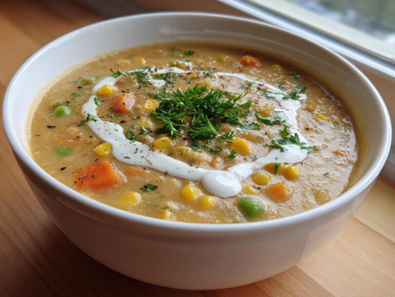 A close-up of a bowl of veggie pot pie soup, featuring corn, peas, carrots, and a swirl of cream.