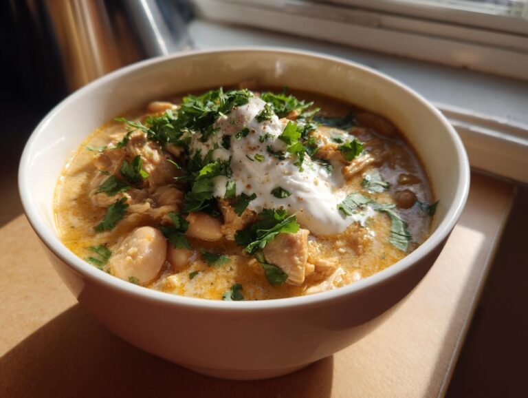 A close-up of a bowl of white bean chicken chili topped with sour cream and fresh parsley.