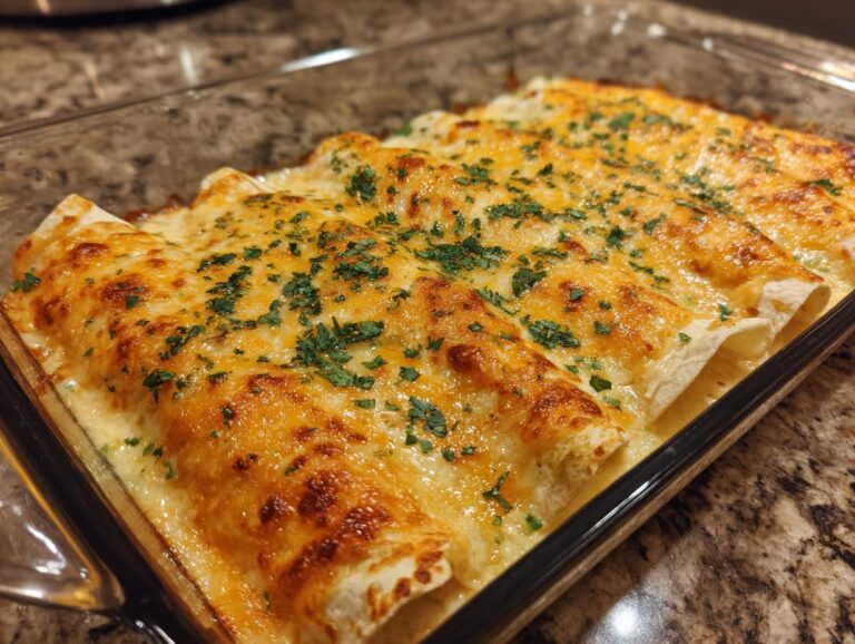 A close-up view of freshly baked white chicken enchiladas in a glass baking dish, topped with melted cheese and chopped parsley.