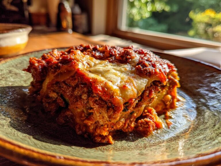 A close-up of a cheesy slice of zucchini lasagna bake on a rustic plate.