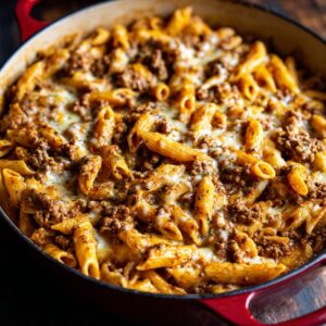 Close-up of a red cast iron skillet filled with cheesy homemade hamburger helper pasta and seasoned ground beef.