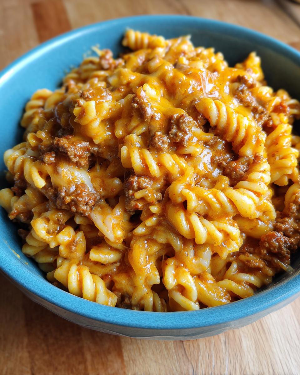 A close-up of a bowl of homemade hamburger helper, featuring rotini pasta, seasoned ground beef, and melted cheddar cheese.