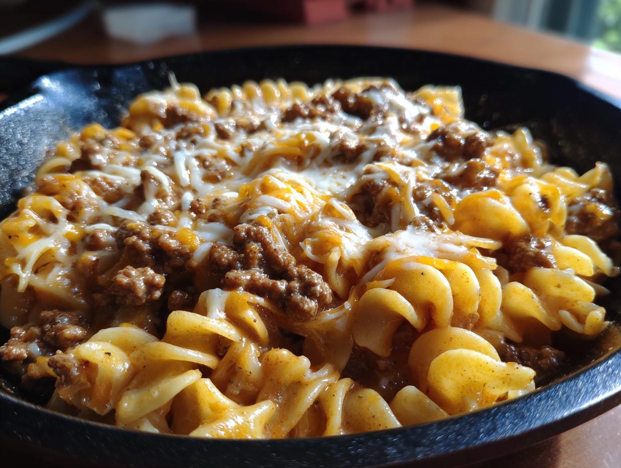 A close-up of homemade hamburger helper in a cast iron skillet, featuring rotini pasta, seasoned ground beef, and melted cheddar cheese.