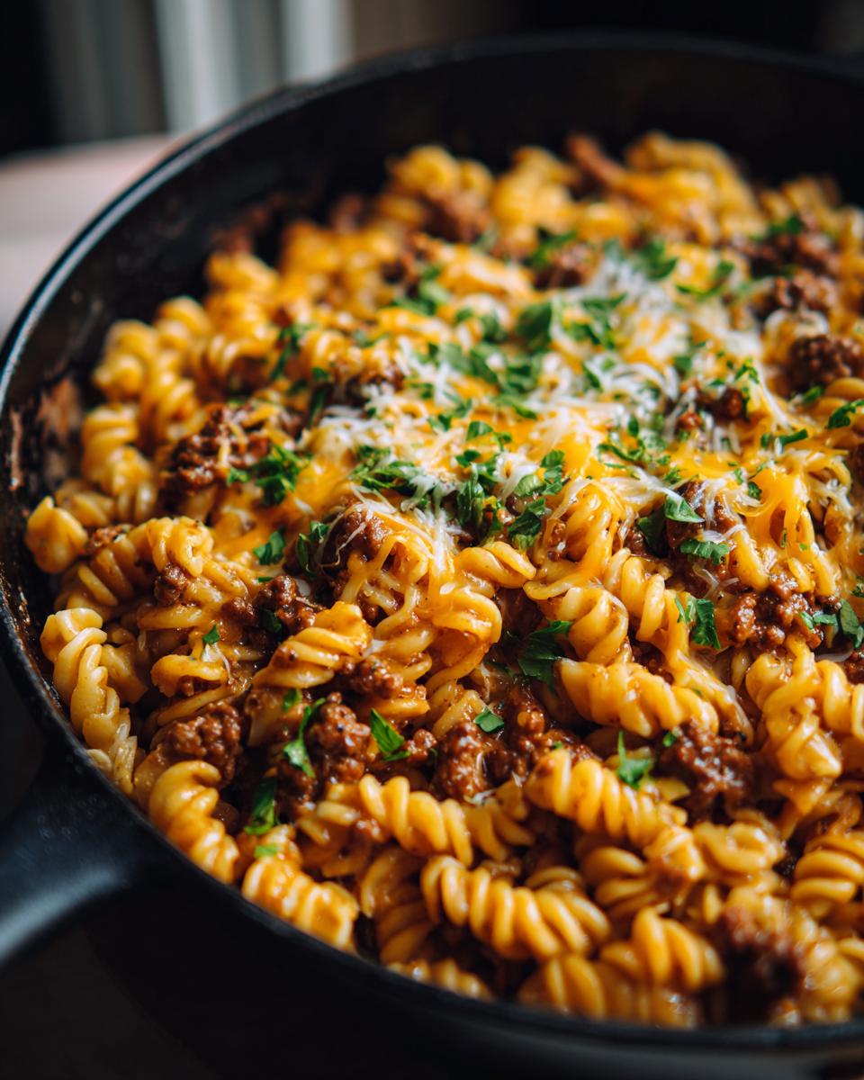 Close-up of a skillet filled with Homemade Hamburger Helper, featuring rotini pasta, seasoned ground beef, melted cheese, and fresh parsley.