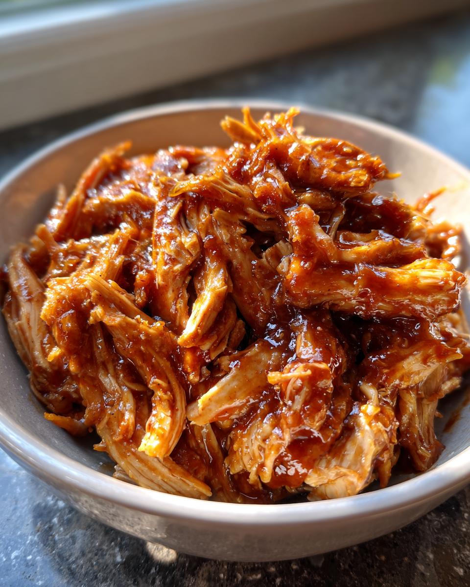 Close-up of tender Instant Pot pulled BBQ chicken in a bowl, coated in rich sauce.