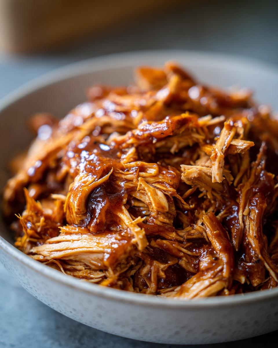 A close-up shot of tender Instant Pot pulled BBQ chicken coated in a rich, glossy sauce in a bowl.