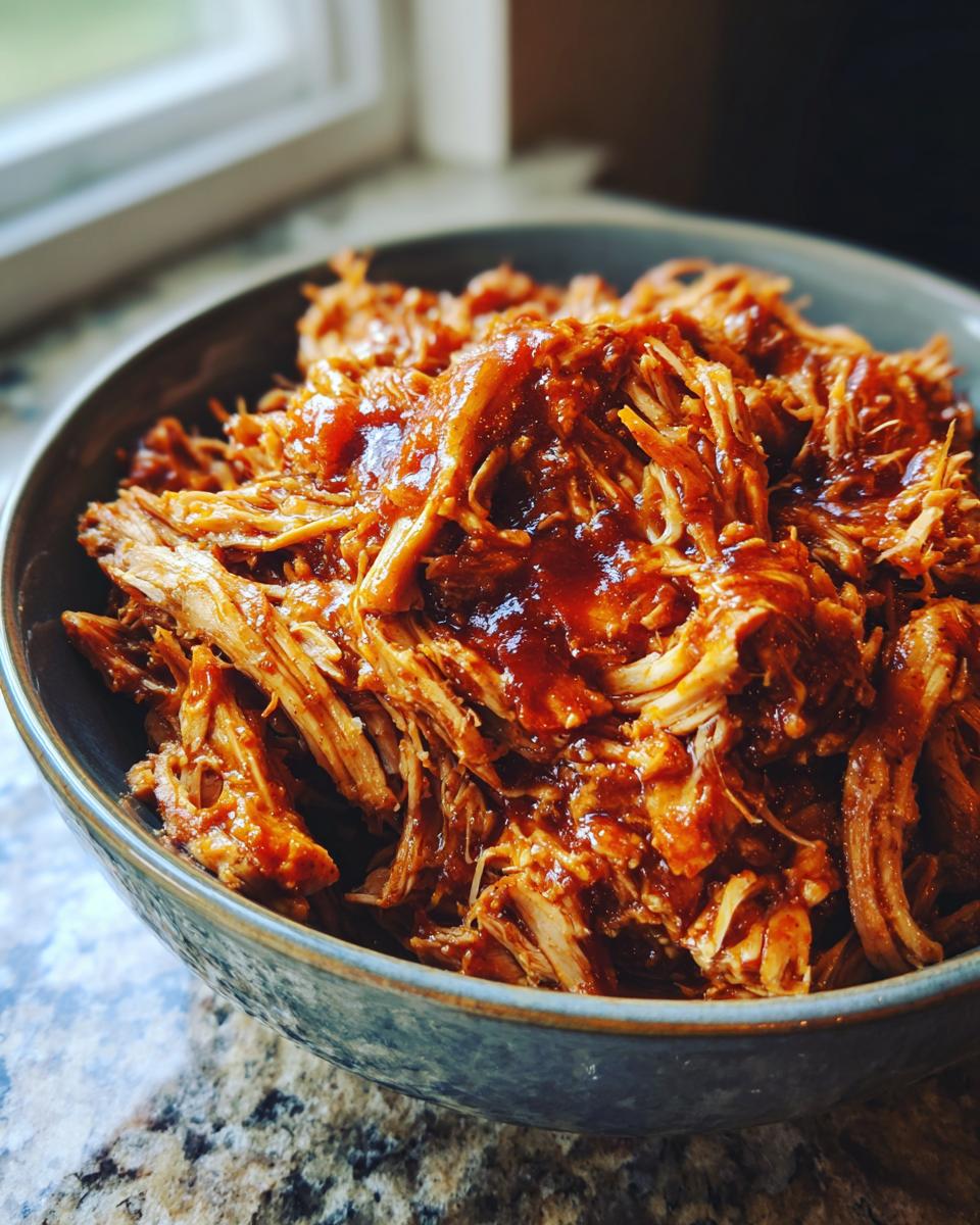 Close-up of a bowl filled with tender Instant Pot pulled BBQ chicken, glistening with sauce.