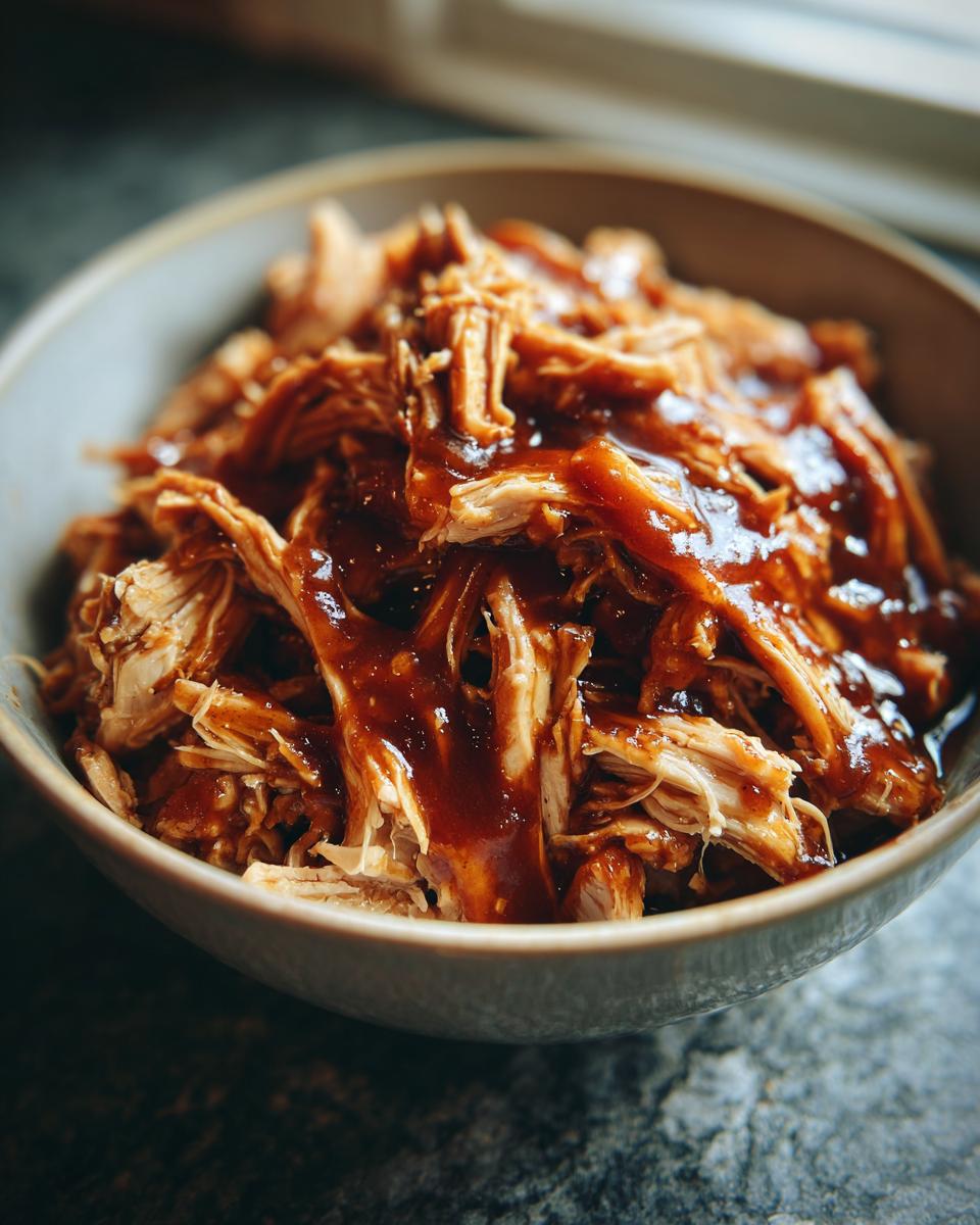 Close-up of a bowl filled with tender Instant Pot pulled BBQ chicken coated in rich, glossy BBQ sauce.