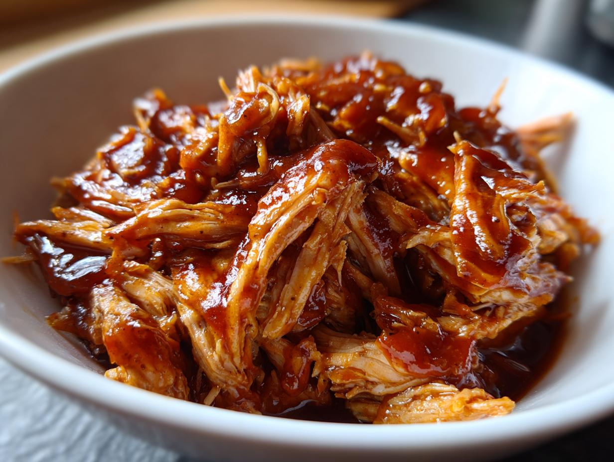 A close-up shot of tender Instant Pot pulled BBQ chicken coated in rich, glossy BBQ sauce in a white bowl.