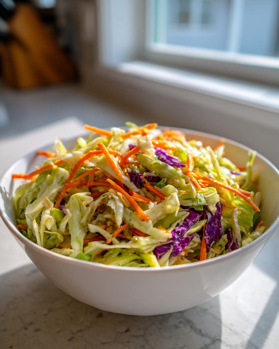 A bright white bowl filled with vibrant cabbage salad, featuring shredded green cabbage, purple cabbage, and carrots.