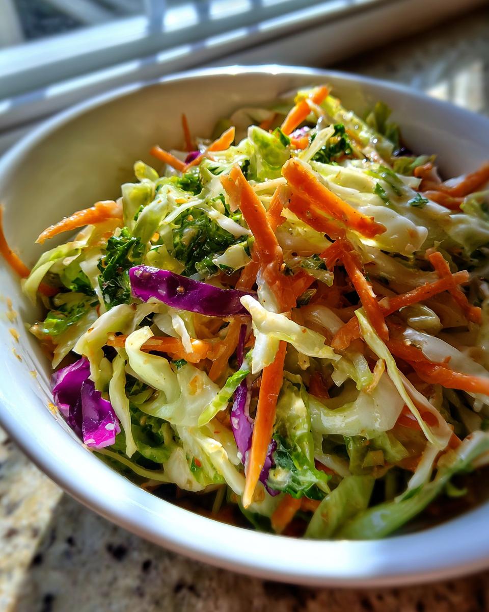 Close-up of a vibrant cabbage salad featuring shredded green cabbage, purple cabbage, and carrots in a white bowl.
