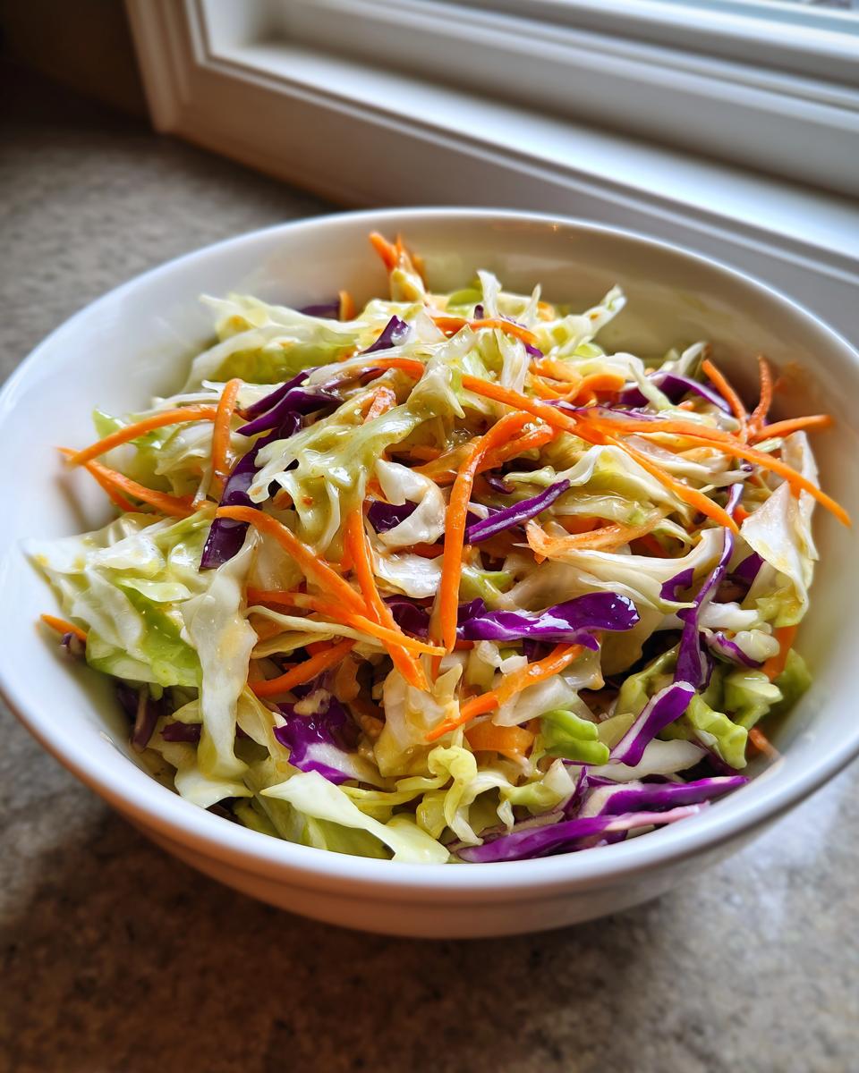 Close-up of a vibrant cabbage salad featuring shredded green cabbage, red cabbage, and bright orange carrots.