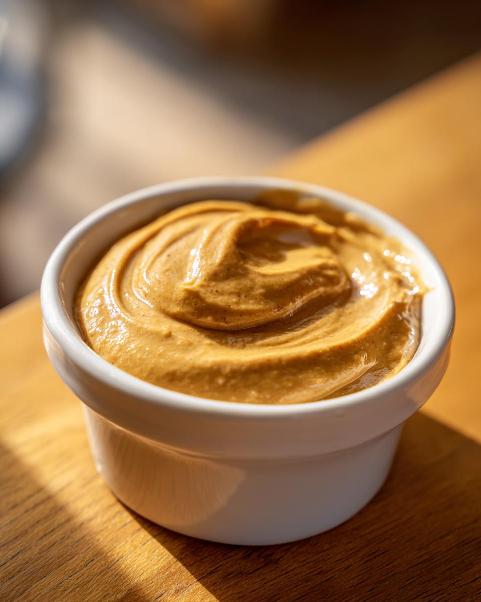A close-up of thick, creamy peanut sauce swirled beautifully in a small white ramekin, sitting on a wooden surface.