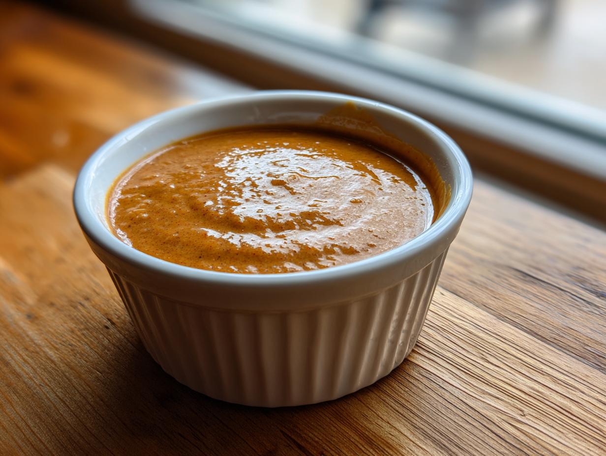 A close-up of rich, creamy peanut sauce served in a small white fluted ramekin on a wooden surface.