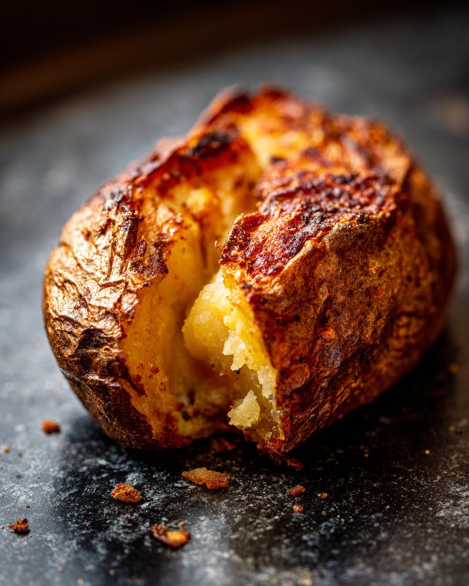 Close-up of a perfectly cooked air fryer baked potato with a crispy skin and fluffy interior.