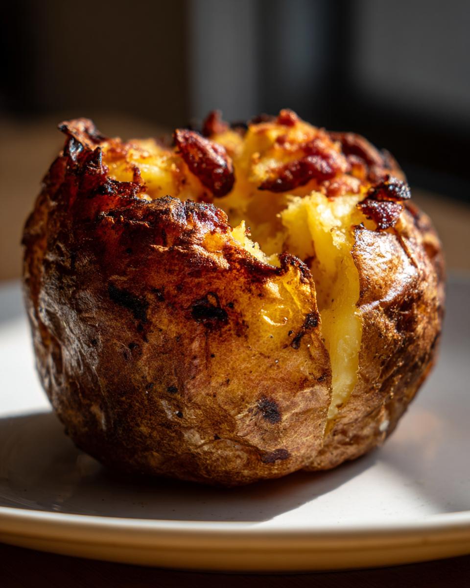 A perfectly cooked air fryer baked potato with a crispy, golden-brown skin and fluffy interior.